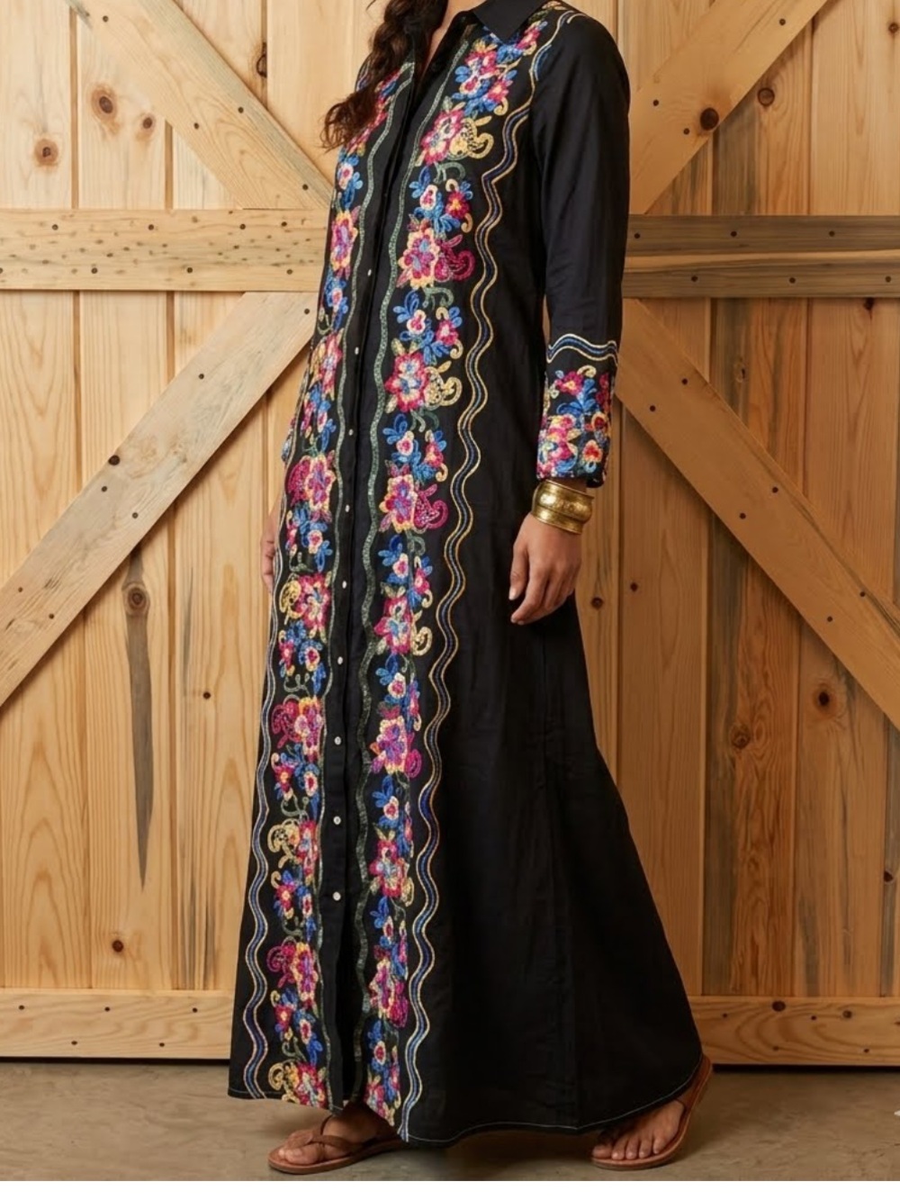Soft Surroundings Black Maxi Dress with Multicolor Floral Embroidery